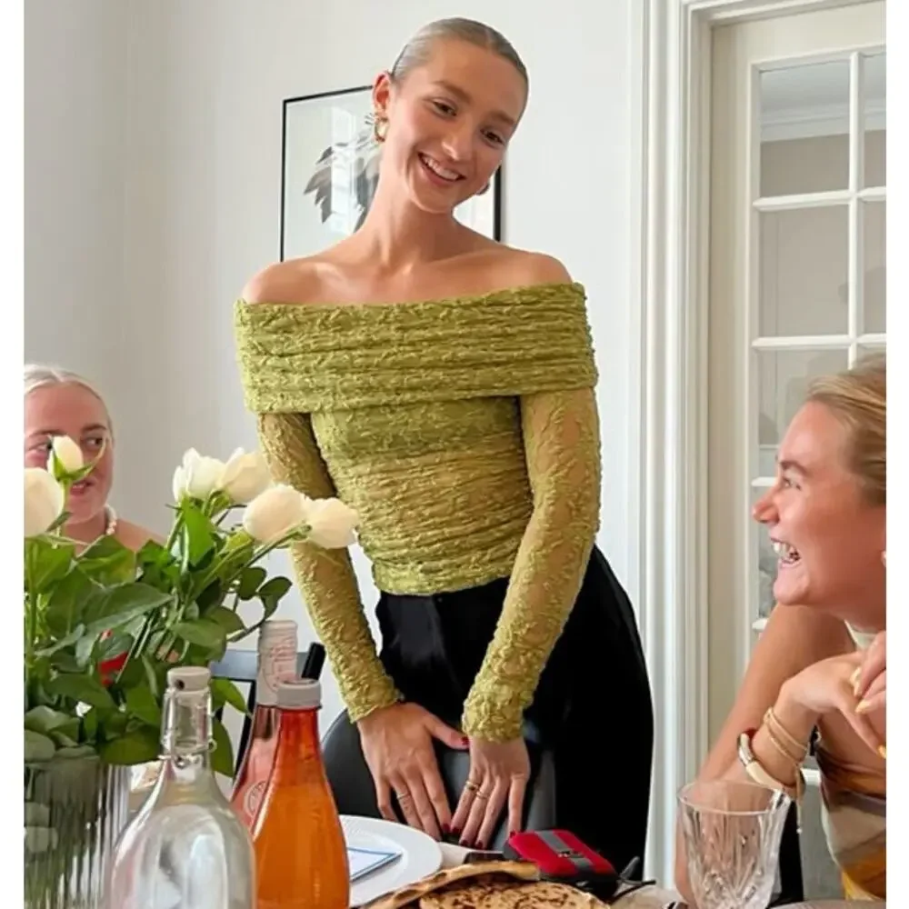Zara NWT Pistachio Green Off Shoulder Lace Mesh Top M